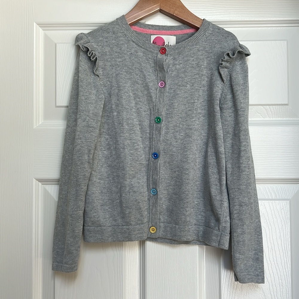 Mini Boden ruffle shoulder cardigan, size 7-8